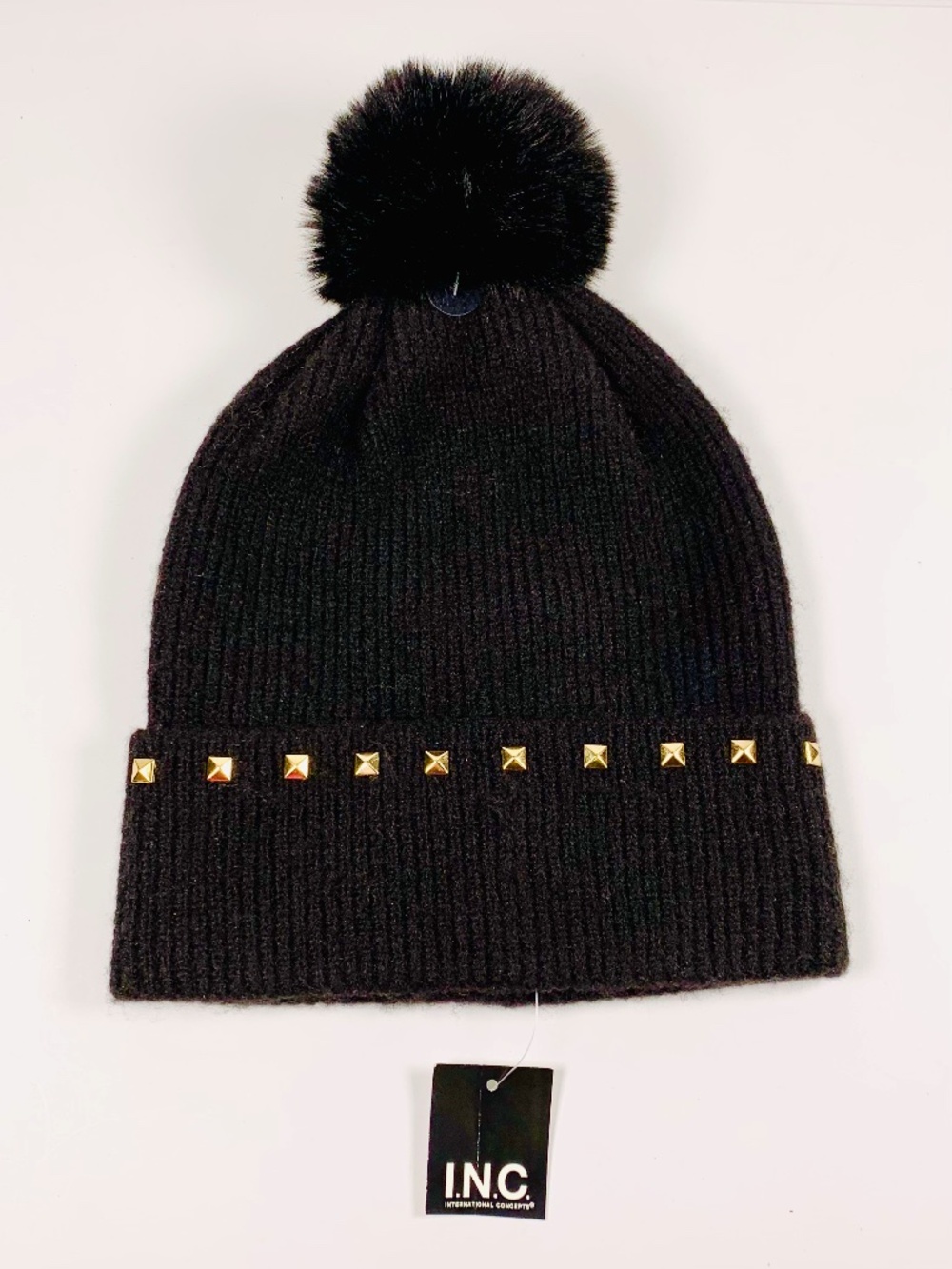 I.N.C. International Concepts Black Gold Studded Faux Fur Pom-Pom Beanie Winter